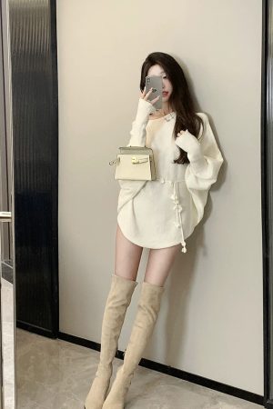 Irregular Off-Shoulder Knitted Mini Dress for Women - Loose Fit, Asymmetrical Neckline, French Style Sweater Dress for Autumn & Winter