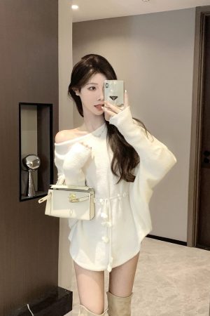 Irregular Off-Shoulder Knitted Mini Dress for Women - Loose Fit, Asymmetrical Neckline, French Style Sweater Dress for Autumn & Winter
