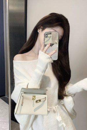 Irregular Off-Shoulder Knitted Mini Dress for Women - Loose Fit, Asymmetrical Neckline, French Style Sweater Dress for Autumn & Winter