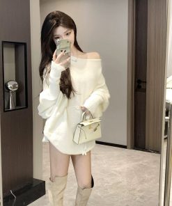Irregular Off-Shoulder Knitted Mini Dress for Women - Loose Fit, Asymmetrical Neckline, French Style Sweater Dress for Autumn & Winter