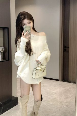 Irregular Off-Shoulder Knitted Mini Dress for Women - Loose Fit, Asymmetrical Neckline, French Style Sweater Dress for Autumn & Winter