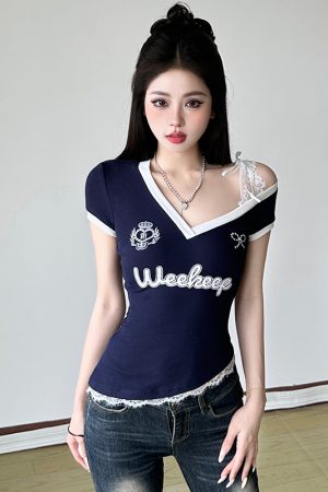 Irregular Off-Shoulder Lace Splicing T-Shirt â€“ Casual Two-Piece Style, American Street Style, Trendy Fashion Top