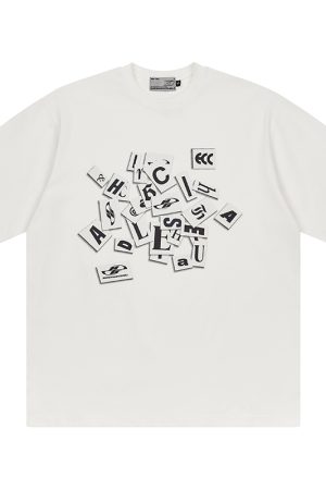 Irregular Paper-Cut Print Logo Street Hip-Hop Casual Round Neck Short Sleeve T-Shirt for Urban Style Enthusiasts