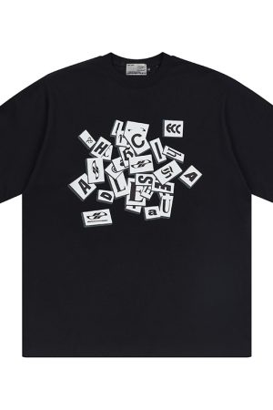 Irregular Paper-Cut Print Logo Street Hip-Hop Casual Round Neck Short Sleeve T-Shirt for Urban Style Enthusiasts