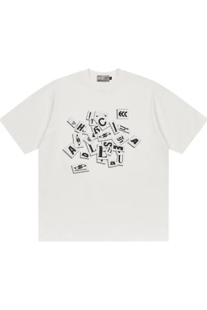 Irregular Paper-Cut Print Logo Street Hip-Hop Casual Round Neck Short Sleeve T-Shirt for Urban Style Enthusiasts