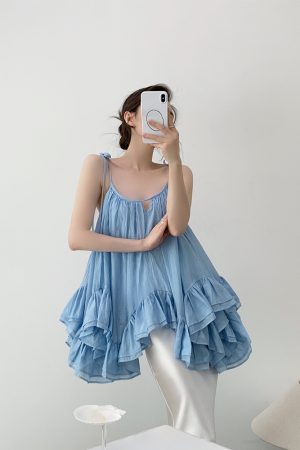 Irregular Ruffled Strap Top - Women's Backless Summer Fairy Top with Puff Skirt for Seaside Vacation, Y2K Style