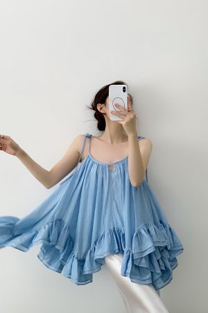 Irregular Ruffled Strap Top - Women's Backless Summer Fairy Top with Puff Skirt for Seaside Vacation, Y2K Style