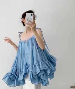 Irregular Ruffled Strap Top - Women's Backless Summer Fairy Top with Puff Skirt for Seaside Vacation, Y2K Style