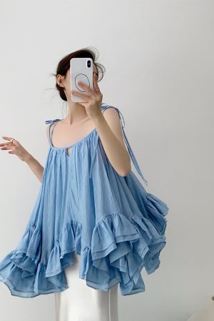 Irregular Ruffled Strap Top - Women's Backless Summer Fairy Top with Puff Skirt for Seaside Vacation, Y2K Style
