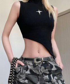 Irregular Slanted Metal Four-Corner Star Decorative Vest for Women - Half High-Neck, Tight-Fitting, Versatile Cropped Top