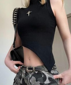Irregular Slanted Metal Four-Corner Star Decorative Vest for Women - Half High-Neck, Tight-Fitting, Versatile Cropped Top