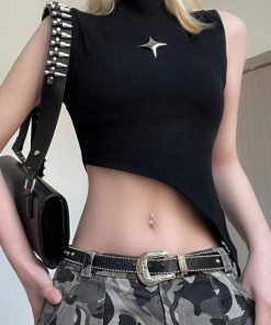 Irregular Slanted Metal Four-Corner Star Decorative Vest for Women - Half High-Neck, Tight-Fitting, Versatile Cropped Top