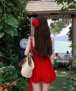 Irregular Strap Dress for Women - Waist-Cinching, Elegant Ruffle Hem, Sexy Short Skirt for Beach Vacation, Perfect for Autumn and Summer