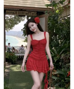 Irregular Strap Dress for Women - Waist-Cinching, Elegant Ruffle Hem, Sexy Short Skirt for Beach Vacation, Perfect for Autumn and Summer