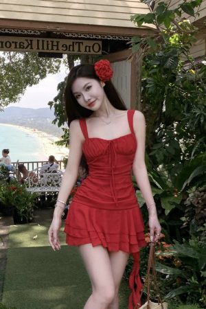 Irregular Strap Dress for Women - Waist-Cinching, Elegant Ruffle Hem, Sexy Short Skirt for Beach Vacation, Perfect for Autumn and Summer
