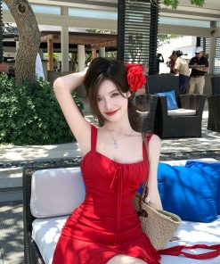 Irregular Strap Dress for Women - Waist-Cinching, Elegant Ruffle Hem, Sexy Short Skirt for Beach Vacation, Perfect for Autumn and Summer