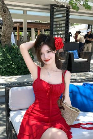 Irregular Strap Dress for Women - Waist-Cinching, Elegant Ruffle Hem, Sexy Short Skirt for Beach Vacation, Perfect for Autumn and Summer