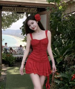 Irregular Strap Dress for Women - Waist-Cinching, Elegant Ruffle Hem, Sexy Short Skirt for Beach Vacation, Perfect for Autumn and Summer