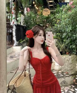 Irregular Strap Dress for Women - Waist-Cinching, Elegant Ruffle Hem, Sexy Short Skirt for Beach Vacation, Perfect for Autumn and Summer