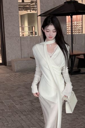 Irregular White Knitted Sweater Set for Women - Two-Piece with Lace Vest and Ribbons, Cozy Winter Fashion, Y2K Style