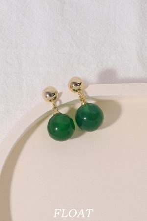 Jade Green Clip-On Round Water Droplet Earrings - High-End Chinese Style Agate Jewelry for Women