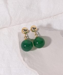 Jade Green Clip-On Round Water Droplet Earrings - High-End Chinese Style Agate Jewelry for Women