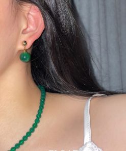 Jade Green Clip-On Round Water Droplet Earrings - High-End Chinese Style Agate Jewelry for Women