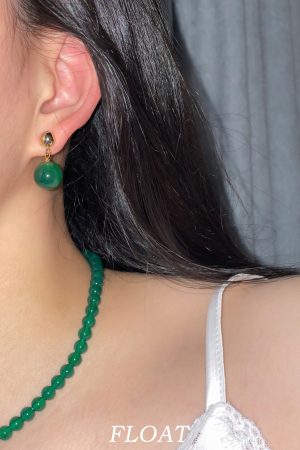 Jade Green Clip-On Round Water Droplet Earrings - High-End Chinese Style Agate Jewelry for Women