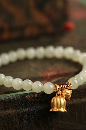 Jade Green Lily Flower Bracelet for Women - Pure Silver, Natural Hetian Jade Bead String, Crystal National Style Jewelry