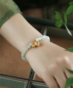 Jade Green Lily Flower Bracelet for Women - Pure Silver, Natural Hetian Jade Bead String, Crystal National Style Jewelry