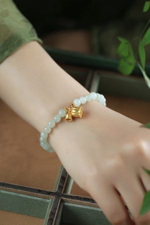 Jade Green Lily Flower Bracelet for Women - Pure Silver, Natural Hetian Jade Bead String, Crystal National Style Jewelry
