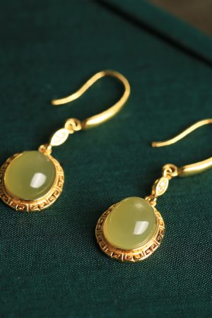 Jade Green Pure Silver 18K Gold-Plated Earrings for Women - Chinese Style Gold-Inlaid Jade Pendant Jewelry