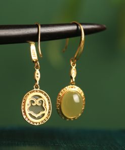 Jade Green Pure Silver 18K Gold-Plated Earrings for Women - Chinese Style Gold-Inlaid Jade Pendant Jewelry