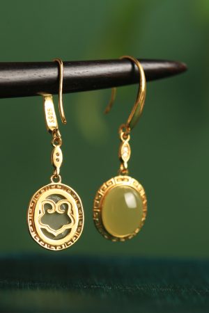 Jade Green Pure Silver 18K Gold-Plated Earrings for Women - Chinese Style Gold-Inlaid Jade Pendant Jewelry