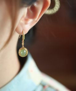 Jade Green Pure Silver 18K Gold-Plated Earrings for Women - Chinese Style Gold-Inlaid Jade Pendant Jewelry