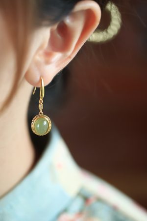 Jade Green Pure Silver 18K Gold-Plated Earrings for Women - Chinese Style Gold-Inlaid Jade Pendant Jewelry