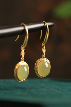 Jade Green Pure Silver 18K Gold-Plated Earrings for Women - Chinese Style Gold-Inlaid Jade Pendant Jewelry