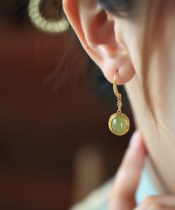 Jade Green Pure Silver 18K Gold-Plated Earrings for Women - Chinese Style Gold-Inlaid Jade Pendant Jewelry
