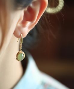 Jade Green Pure Silver 18K Gold-Plated Earrings for Women - Chinese Style Gold-Inlaid Jade Pendant Jewelry