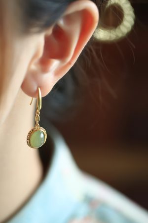 Jade Green Pure Silver 18K Gold-Plated Earrings for Women - Chinese Style Gold-Inlaid Jade Pendant Jewelry