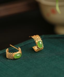 Jade Green Pure Silver Earrings for Women - Summer Chinese Style Gold Inlaid National Wind Jade Stone Jewelry