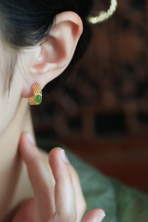 Jade Green Pure Silver Earrings for Women - Summer Chinese Style Gold Inlaid National Wind Jade Stone Jewelry