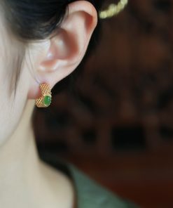 Jade Green Pure Silver Earrings for Women - Summer Chinese Style Gold Inlaid National Wind Jade Stone Jewelry