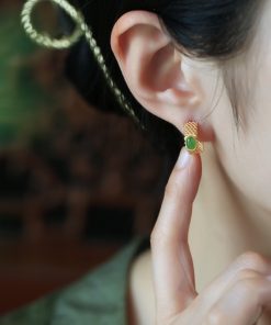 Jade Green Pure Silver Earrings for Women - Summer Chinese Style Gold Inlaid National Wind Jade Stone Jewelry