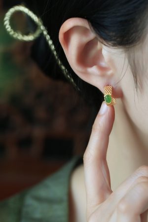 Jade Green Pure Silver Earrings for Women - Summer Chinese Style Gold Inlaid National Wind Jade Stone Jewelry