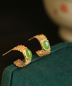 Jade Green Pure Silver Earrings for Women - Summer Chinese Style Gold Inlaid National Wind Jade Stone Jewelry