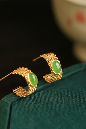 Jade Green Pure Silver Earrings for Women - Summer Chinese Style Gold Inlaid National Wind Jade Stone Jewelry
