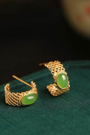 Jade Green Pure Silver Earrings for Women - Summer Chinese Style Gold Inlaid National Wind Jade Stone Jewelry