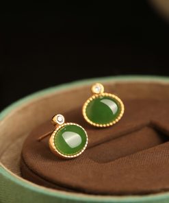 Jade Green Pure Silver Earrings for Women - Summer Chinese Style National Wind with Gold Inlaid Bright Green Jade Stone