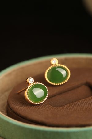 Jade Green Pure Silver Earrings for Women - Summer Chinese Style National Wind with Gold Inlaid Bright Green Jade Stone